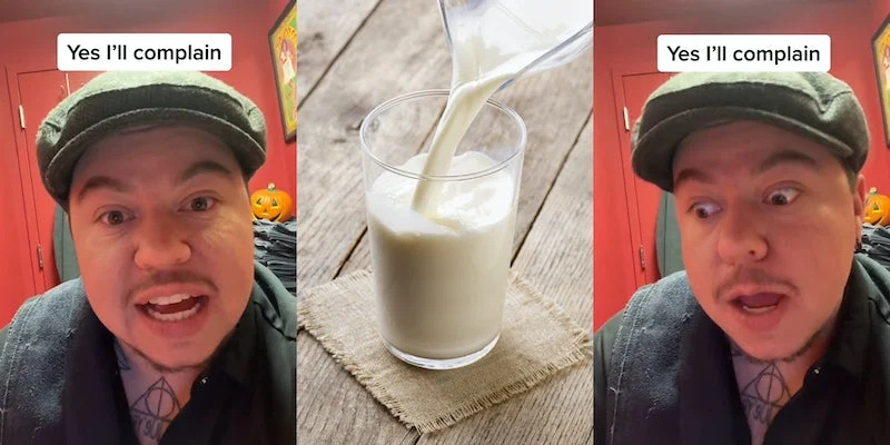 szerver piros falak felirat előtt beszél'Yes I'll complain' (l) milk being poured form jug into glass on wooden surface (c) server speaking in front of red walls caption 'Yes I'll complain' (r)